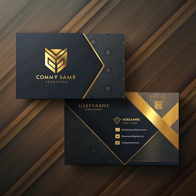 um cartão de visita preto e dourado com um logotipo dourado