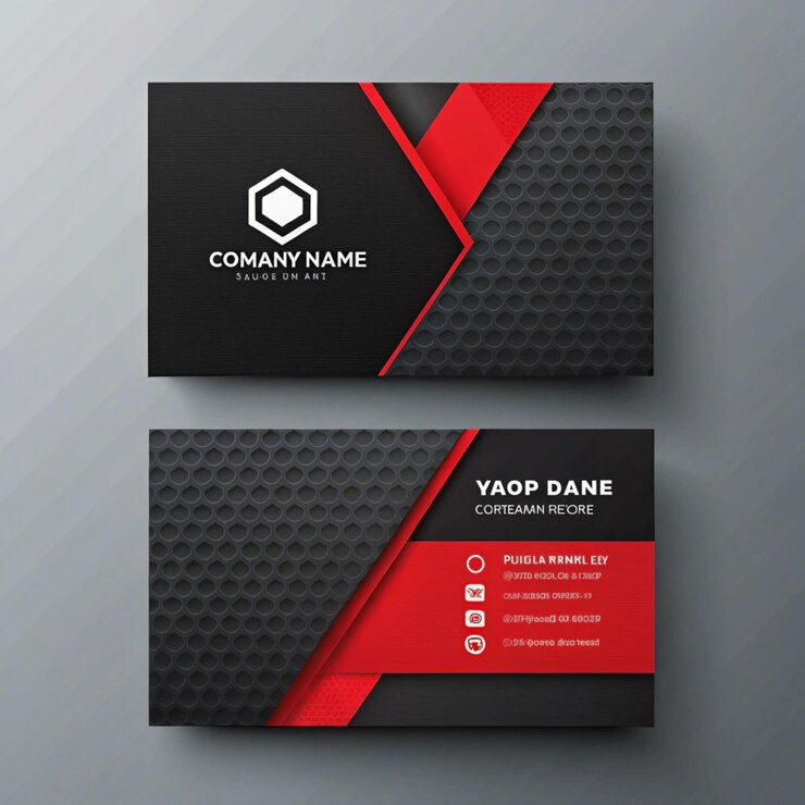 Foto um cartão de visita preto e vermelho com um logotipo preto e vermelha