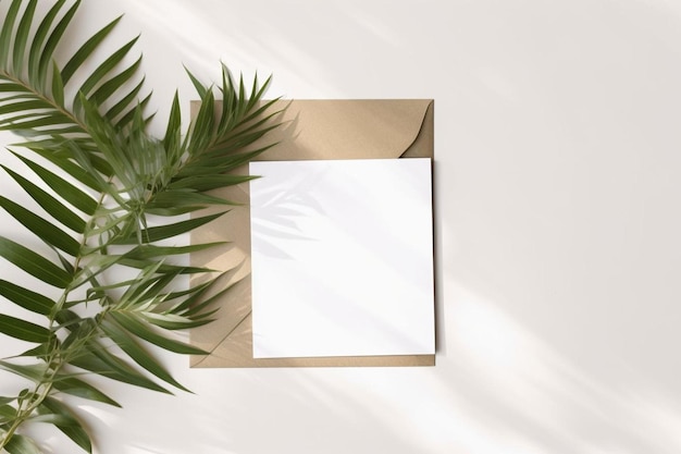 um cartão em branco com uma folha de palmeira em um fundo branco