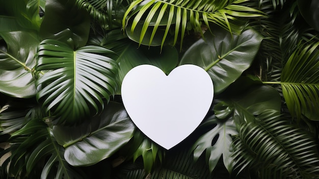 Foto um cartão em branco em forma de coração cercado por uma fresca e exuberante folhagem tropical.