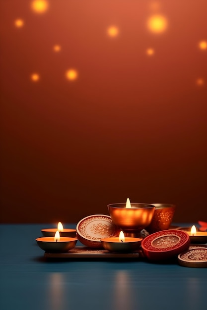 Um cartão festivo de Diwali adornado com diyas tradicionais, perfeito para desejos sinceros