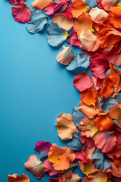 um cartão postal 3D com um arranjo mínimo de pétalas coloridas de flores Holi em um canto