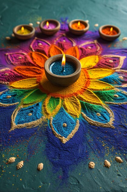 um cartão postal 3D com um simples design colorido de Holi Rangoli