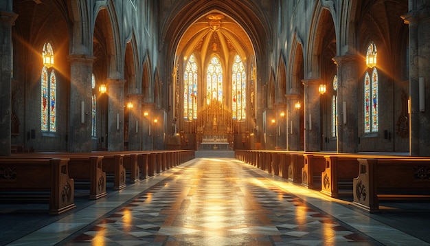um cartão postal 3D mostrando um santuário de igreja vazio