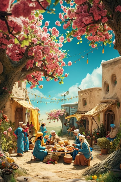 Foto um cartão postal 3d que retrata a vida da aldeia e as atividades tradicionais durante o nowruz