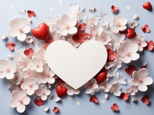 Foto um cartão postal branco para felicitações e desejos decorado com flores e corações espaço de cópia de texto