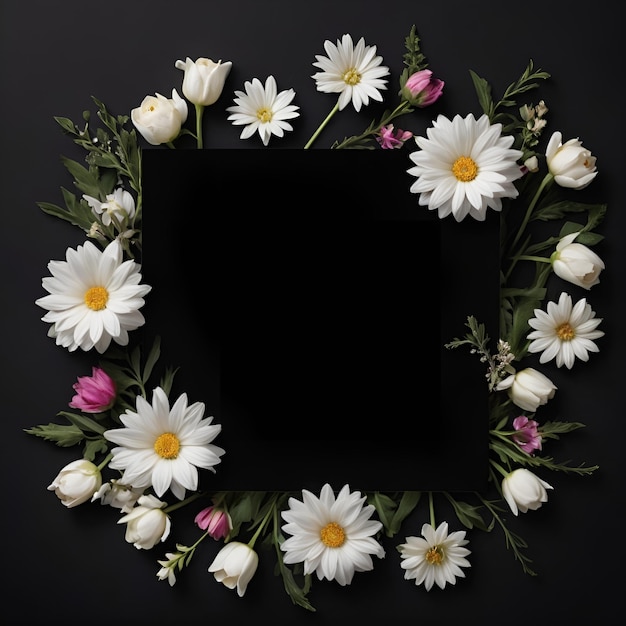 um cartão postal branco vazio com flores cercadas em um fundo preto