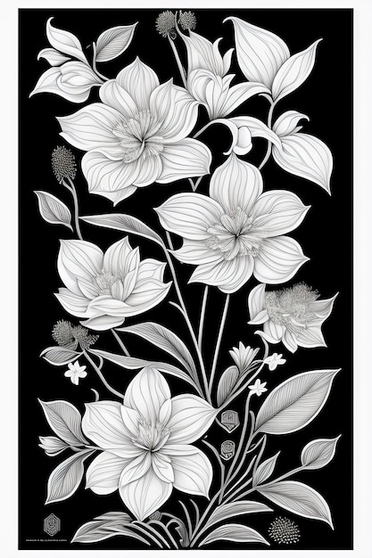 Um cartão preto com flores brancas e folhas nele