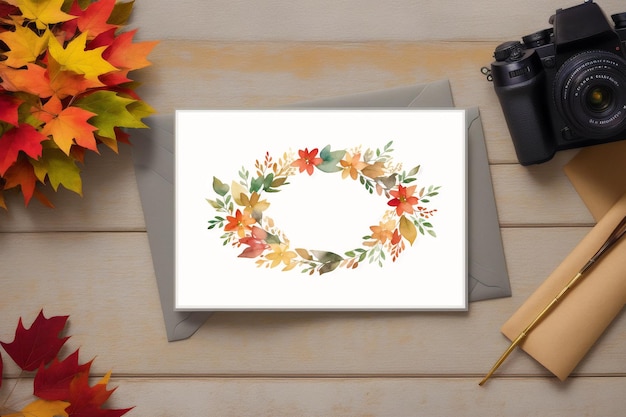 Um cartão que diz 'outono' com uma coroa de flores.