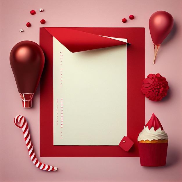 Um cartão vermelho com um envelope vermelho e um cupcake nele.