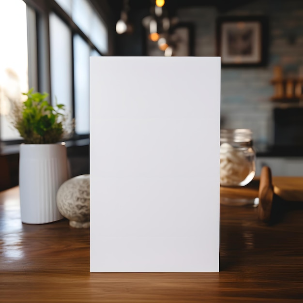 um cartão vertical branco em branco de 5x7 polegadas de frente para a câmera moderna bonito e deitado em uma mesa