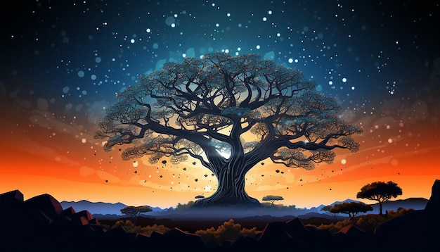 um cartaz 3D com uma silhueta de árvore de Baobab africana contra um céu estrelado