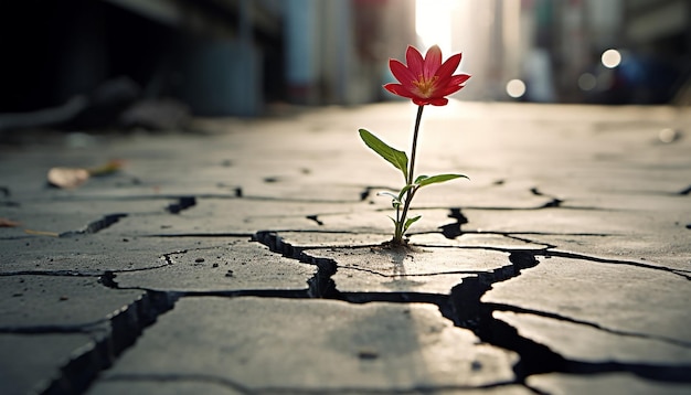 Foto um cartaz 3d com uma única flor realista crescendo através de rachaduras na calçada