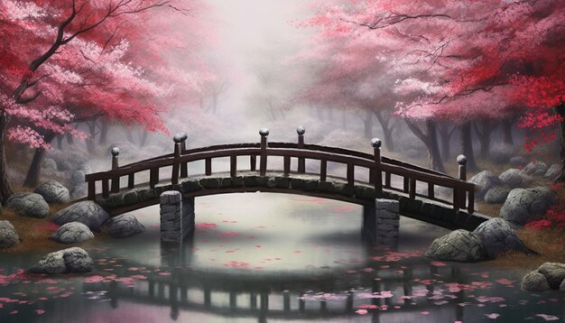 Um cartaz 3D de uma ponte tradicional japonesa em miniatura atravessando um riacho de flores de cerejeira caindo p