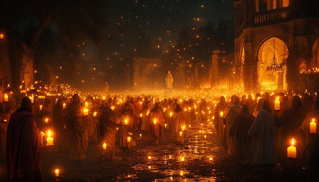 um cartaz 3D retratando uma procissão à luz de velas à noite