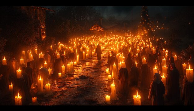 um cartaz 3D retratando uma procissão à luz de velas à noite