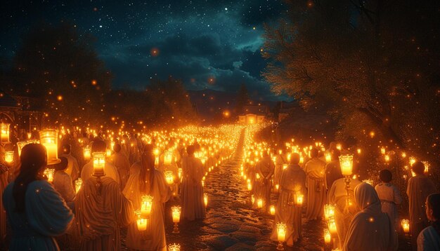 um cartaz 3D retratando uma procissão à luz de velas à noite