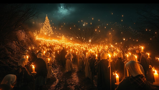 um cartaz 3D retratando uma procissão à luz de velas à noite