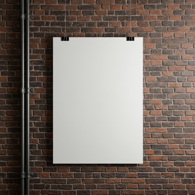 Um cartaz branco em branco pendurado em uma parede de tijolos com clipes de agrafador preto para uma exposição de arte urbana