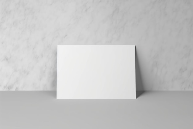 Um cartaz branco em branco sobre uma mesa branca