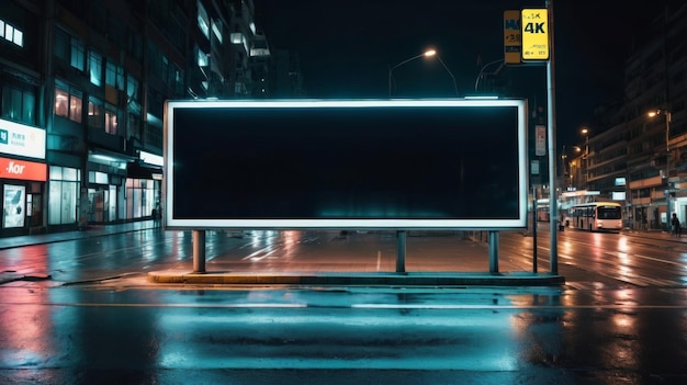 Um cartaz brilhante iluminando a rua da cidade à noite