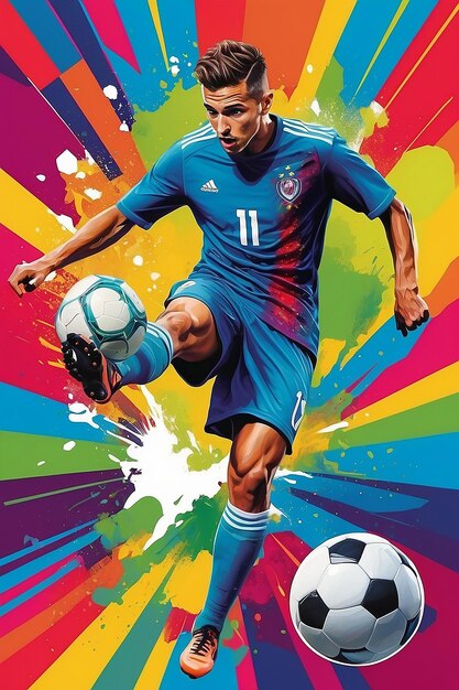 Um cartaz colorido com um jogador de futebol chutando uma bola