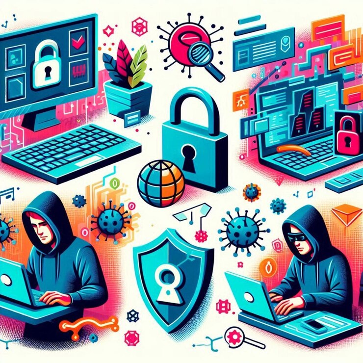 Foto um cartaz colorido de um homem trabalhando em um laptop com um cadeado