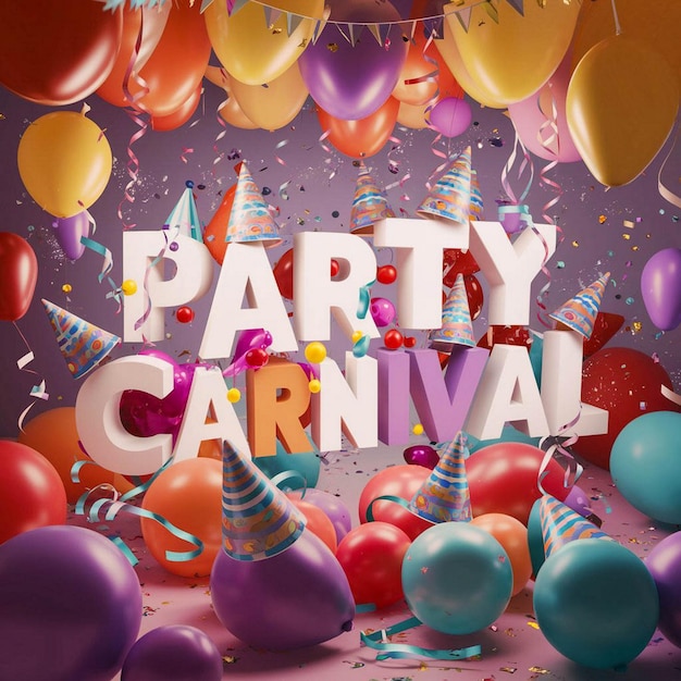 um cartaz com balões e um chapéu de festa nele