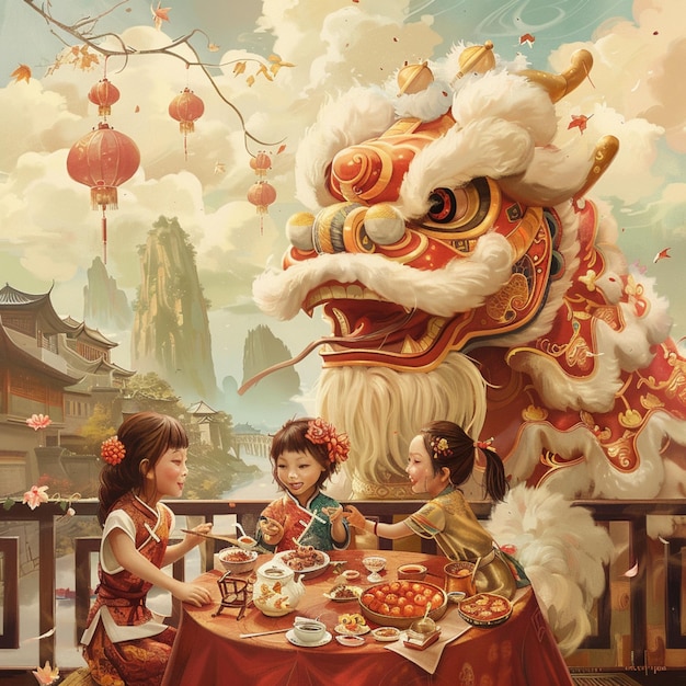 um cartaz com caracteres chineses e um dragão chinês