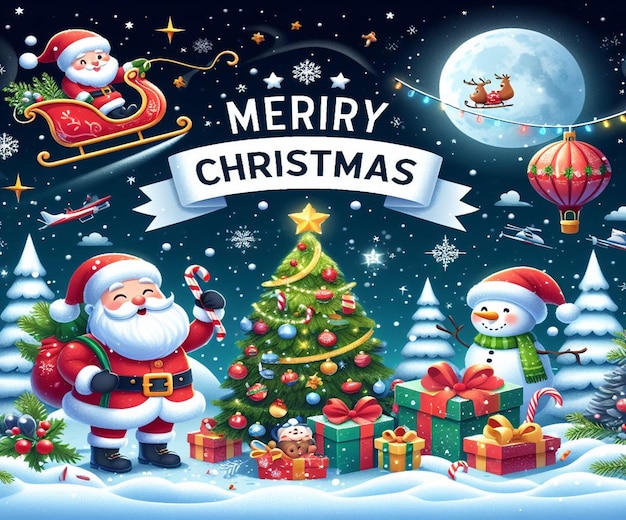 Um cartaz com o Papai Noel e uma árvore de Natal