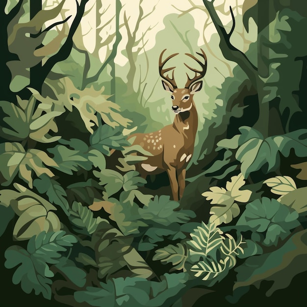 Um cartaz com um cervo e árvores na floresta