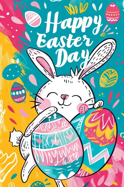 um cartaz com um coelho e um coelho com um fundo colorido com ovos