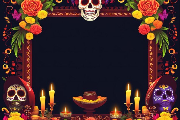Foto um cartaz com um crânio e flores e um crâneo nele