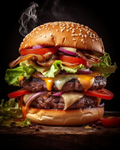 Um cartaz com um delicioso hambúrguer
