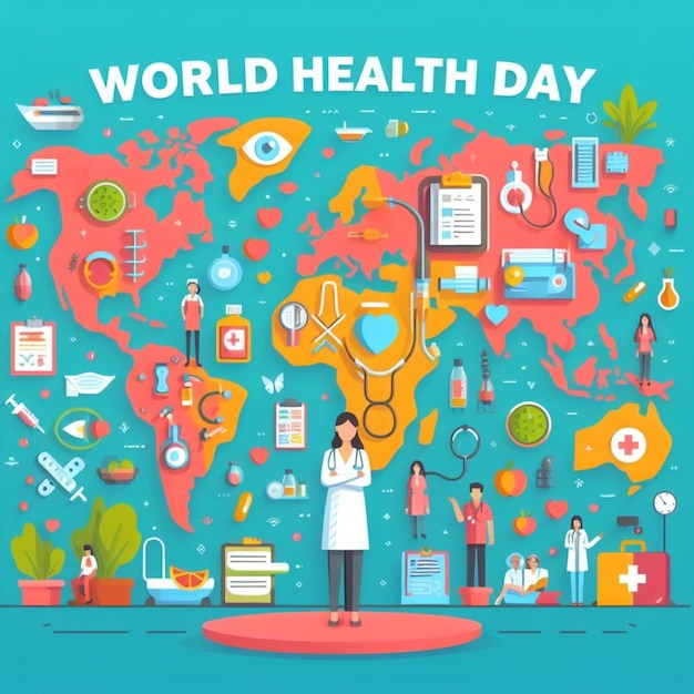 Foto um cartaz com um desenho animado do dia mundial da saúde
