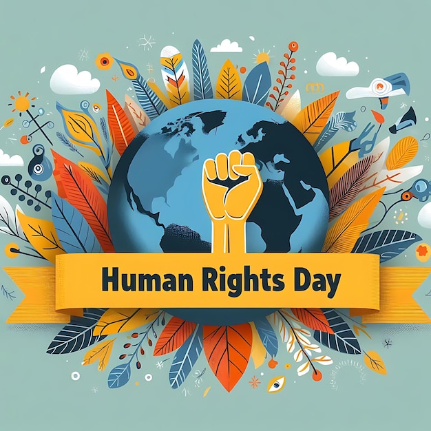 um cartaz com um dia dos direitos humanos no meio do mundo
