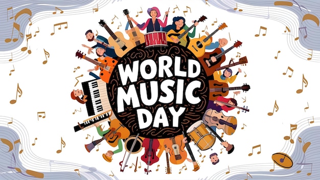 um cartaz com um dia mundial da música escrito nele