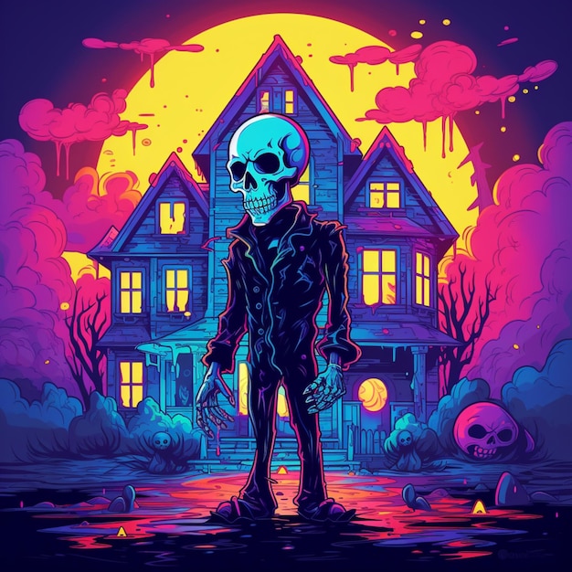 um cartaz com um esqueleto na frente de uma casa com uma lua roxa ao fundo.