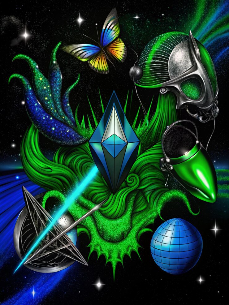 Foto um cartaz com um fundo verde com um diamante azul e um diamante