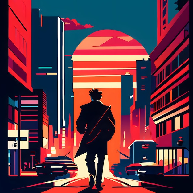 um cartaz com um homem caminhando por uma rua da cidade