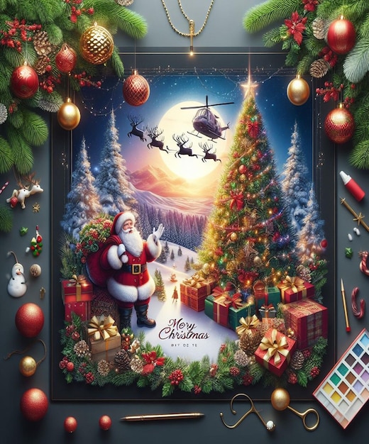 um cartaz com um Papai Noel nele e um Papá Noel no fundo