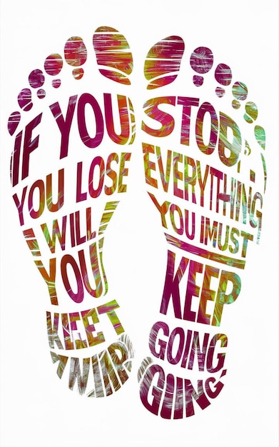 Foto um cartaz com uma citação de uma mulher e seus pés