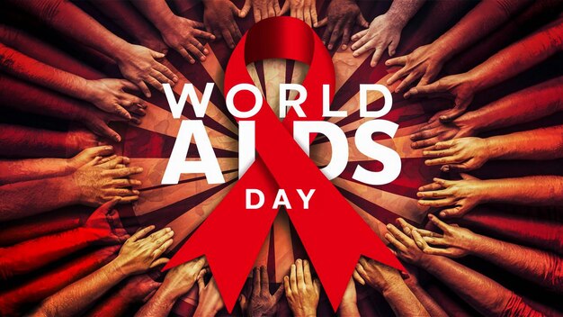 Foto um cartaz com uma fita vermelha que diz dia mundial da aids