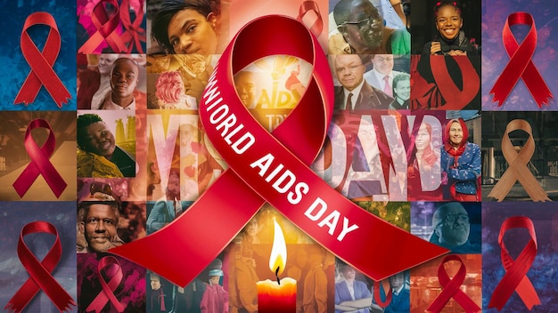 um cartaz com uma fita vermelha que diz Dia Mundial da Aids