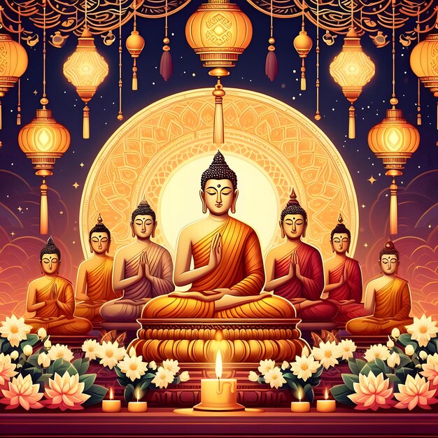 um cartaz com uma imagem de budas na frente de uma imagem de Buda