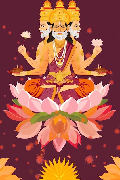 um cartaz com uma imagem de um deus com flores e uma estátua de uma divindade