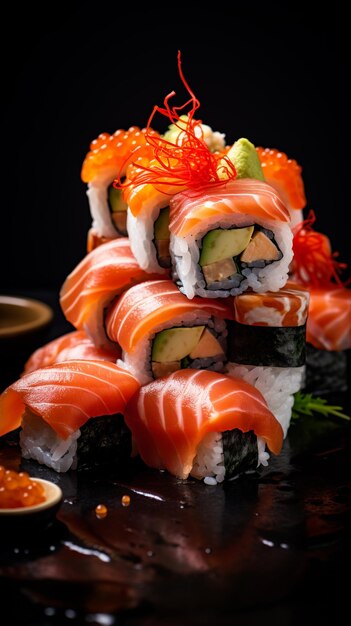 um cartaz com uma natureza morta com sushi delicioso
