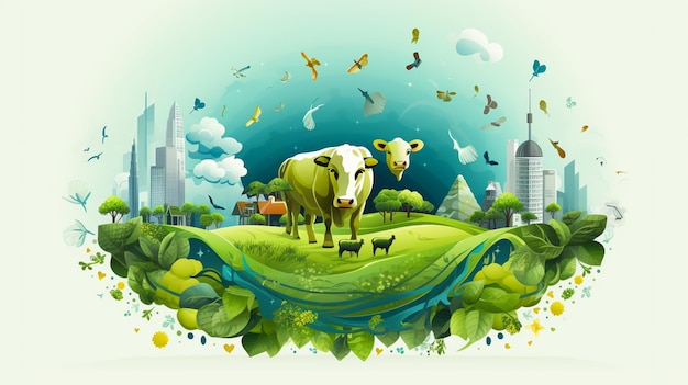 um cartaz com vacas na grama e uma cidade ao fundo.