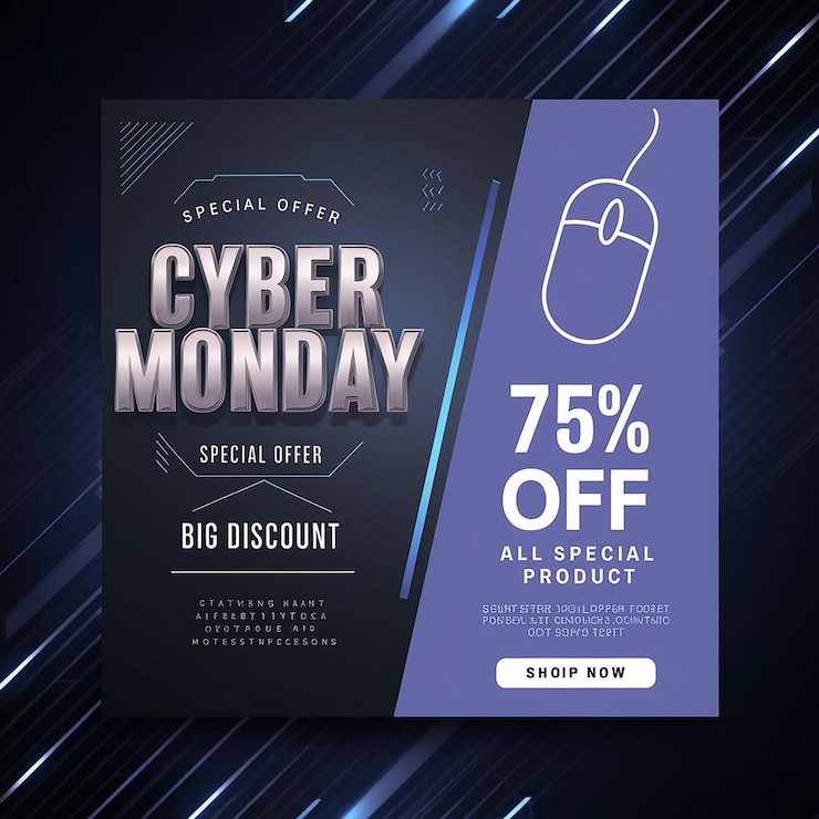 Foto um cartaz da venda de cyber monday é exibido em um fundo preto
