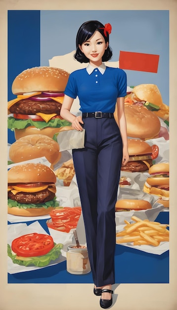 Foto um cartaz de arte de propaganda histórica de 1940 de uma senhora de fast food